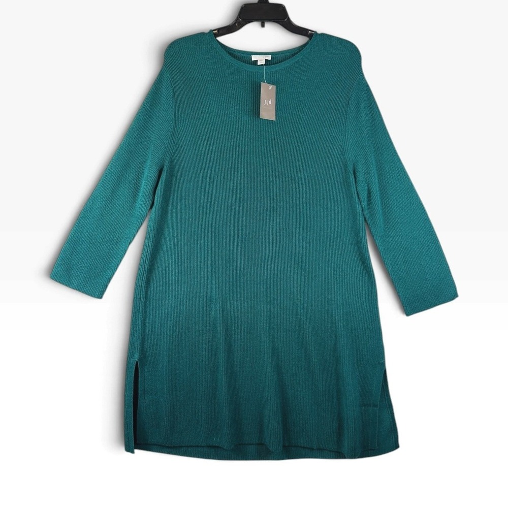 J. Jill Tunic Sweater Ribbed Knit Women LT Jade Green Wool Blend 3/4 Sleeve NEW